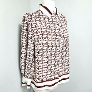 Eva Mendez Cream Brown Contrast Monogram Career Blouse Top Large L 12 14‎ (A3)
